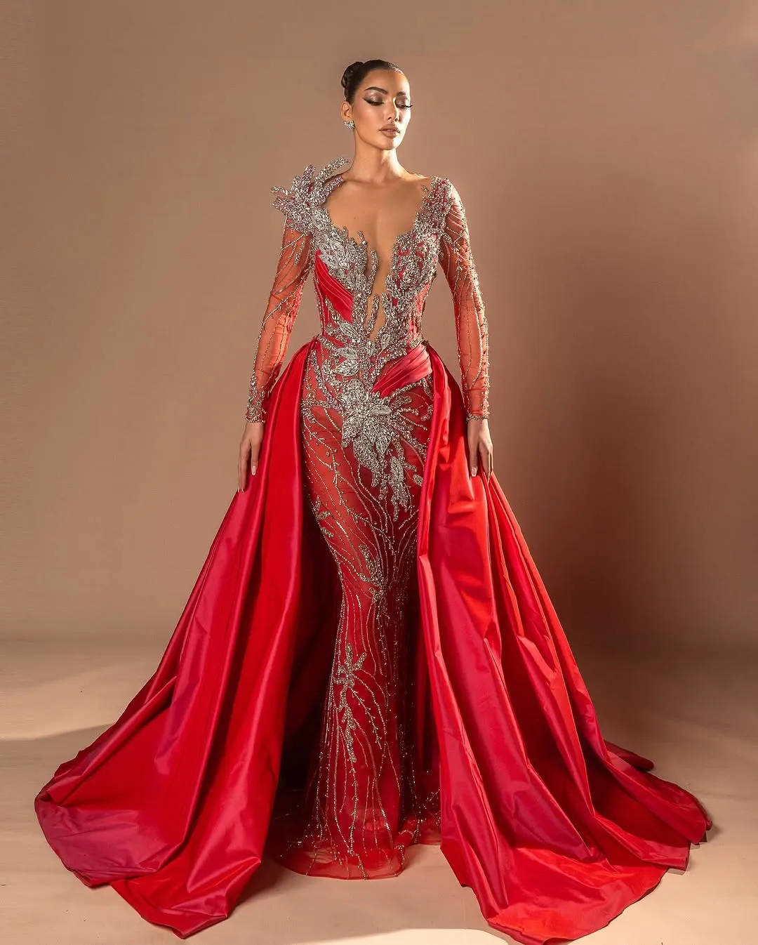 Red Satin Women's Red Evening Dresses Luxury Red Long Embellished  Mermaid Feather Prom Dress Formal Gown 44