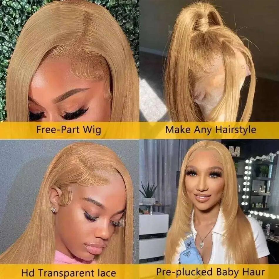 Honey Blonde Human Hair Wig Straight Lace Front Wig, Pre  display picture 1