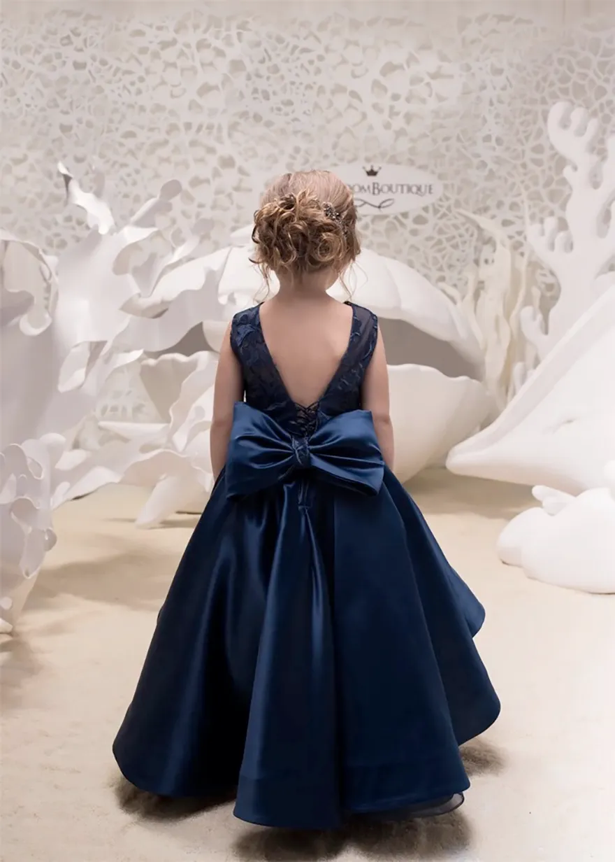 Navy Blue Flower Girl sapphire Blue prom dress with Big Bow and V-Back - Hi Lo 2019 Mother-Daughter Gown for Formal Parties Navy Blue Flower Girl sapphire Blue prom dress with Big Bow and V-Back - Hi Lo 2019 Mother-Daughter Gown for Formal Parties