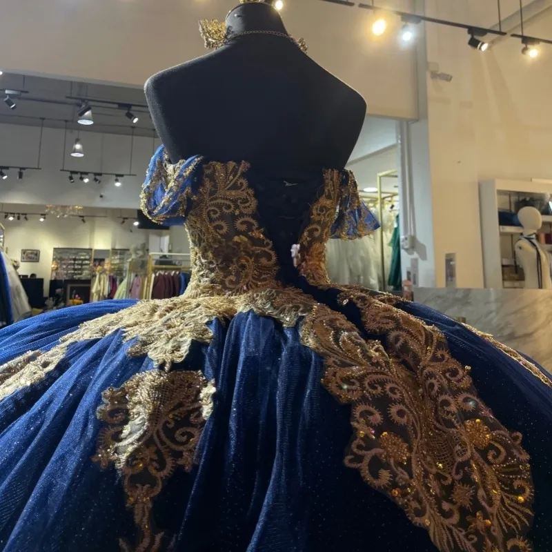 royal blue dress quinceañera with gold Shiny Quinceanera Dresses Ball Gown Off The Shoulder Applique Lace Beads Tull Sweet 16 Vestidos 15 de Anos beaded crystals Girls Bohemian Dress Lovers Lane Taffeta Gown Size:9EE