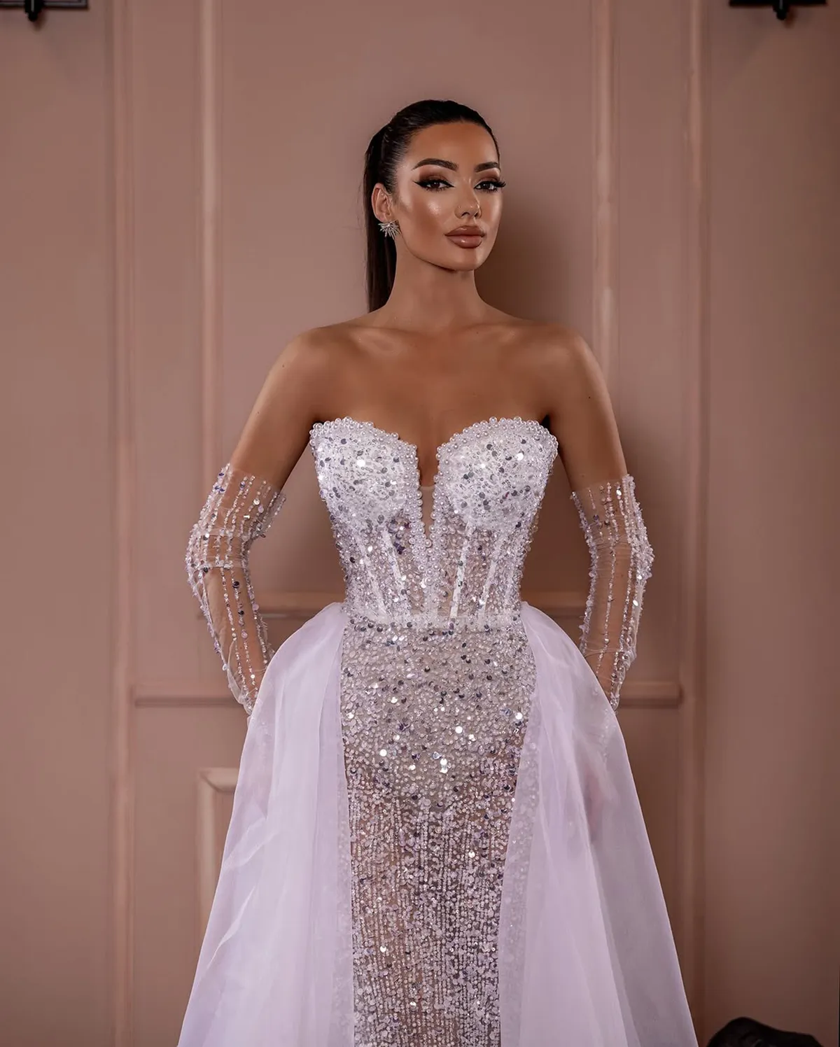 lace applique mermaid strapless wedding dress F221012 Dramatic Mikado Mermaid Strapless Wedding Dress with Embroidered Lace Applique on Bodice