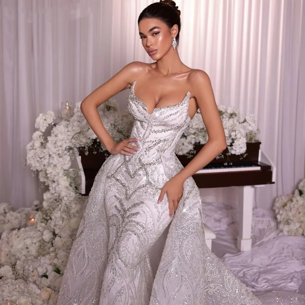 strapless mermaid wedding dresses with bling Designer Shimmery Lace Strapless Corset Dusty Rose Mermaid Wedding Dress, White
