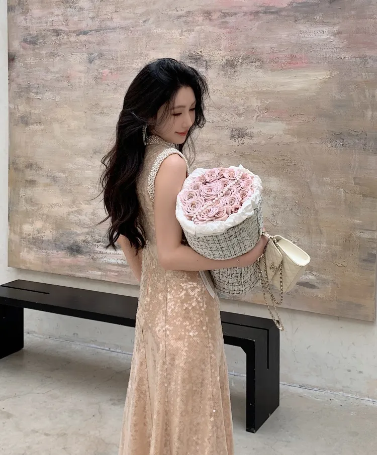 apricot formal dress Suzhoufashion Satin A Line Apricot Wedding Guest Dress Gala Dress With Long Sleeves main image 0