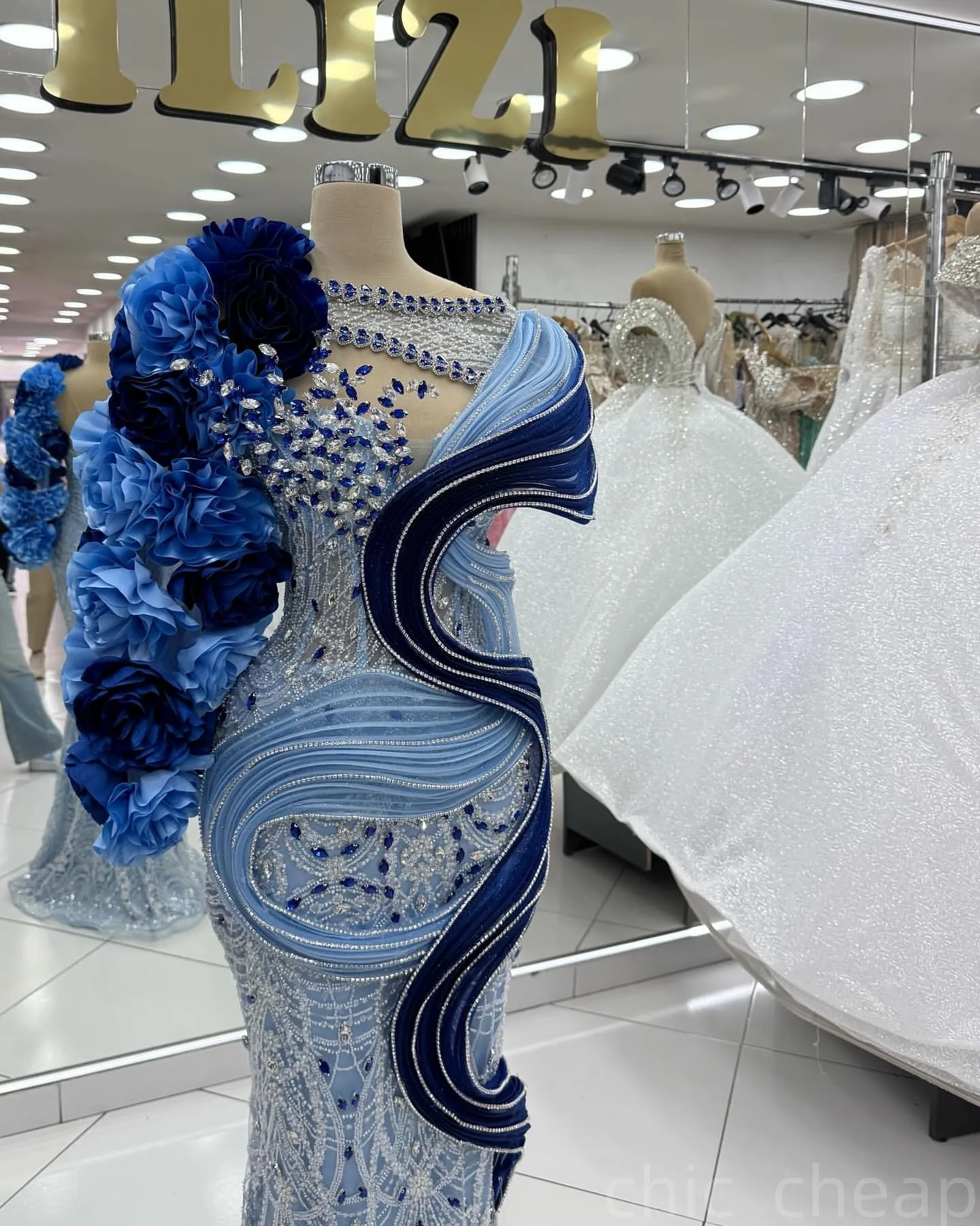 blue and white mermaid prom dress Sparkly Royal Blue Sleeveless Unique Mermaid Long Train Prom Dress