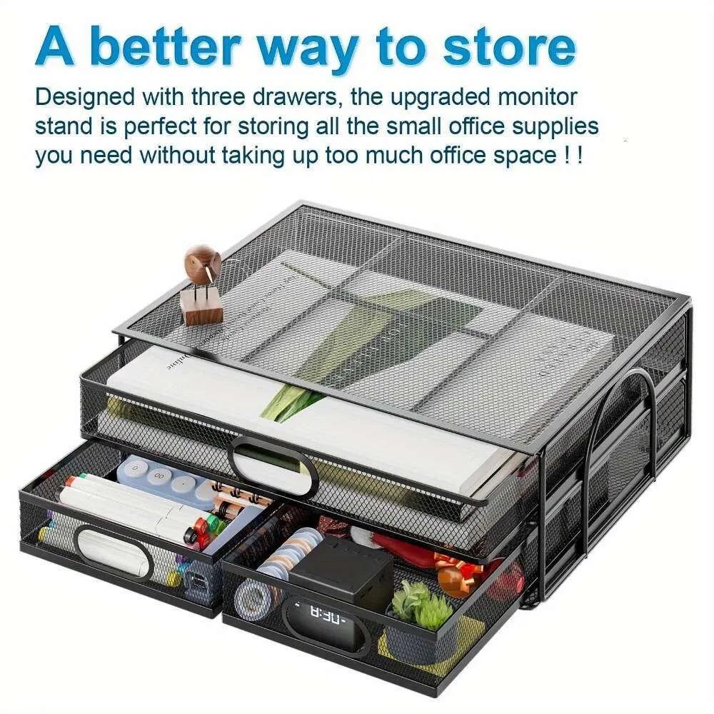 Adjustable Height Monitor Stand With 3 Layer Drawer Ergonomic Metal ...