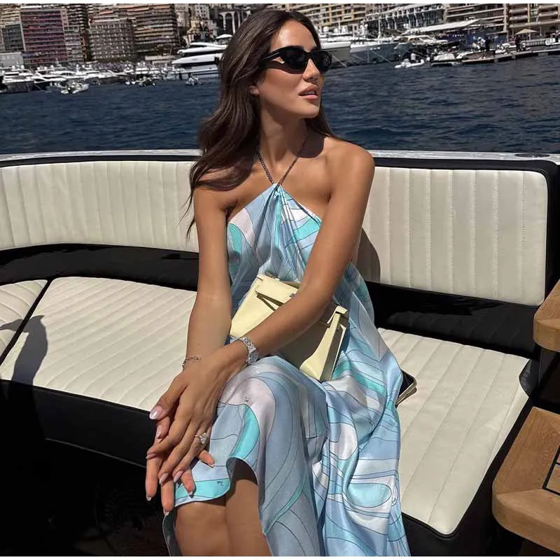 Sexy Vacation Dresses For Womens Casual Dresses Summer Beach Clothes  Printed Ripple Backless Halter Woman Loose Irregular Hem Sleeveless Robes  Long Dress From Bossbaba