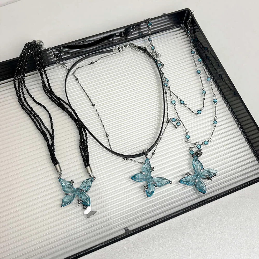 Sweet Cool Girl Leather Beaded Blue Butterfly Pendant Necklace For