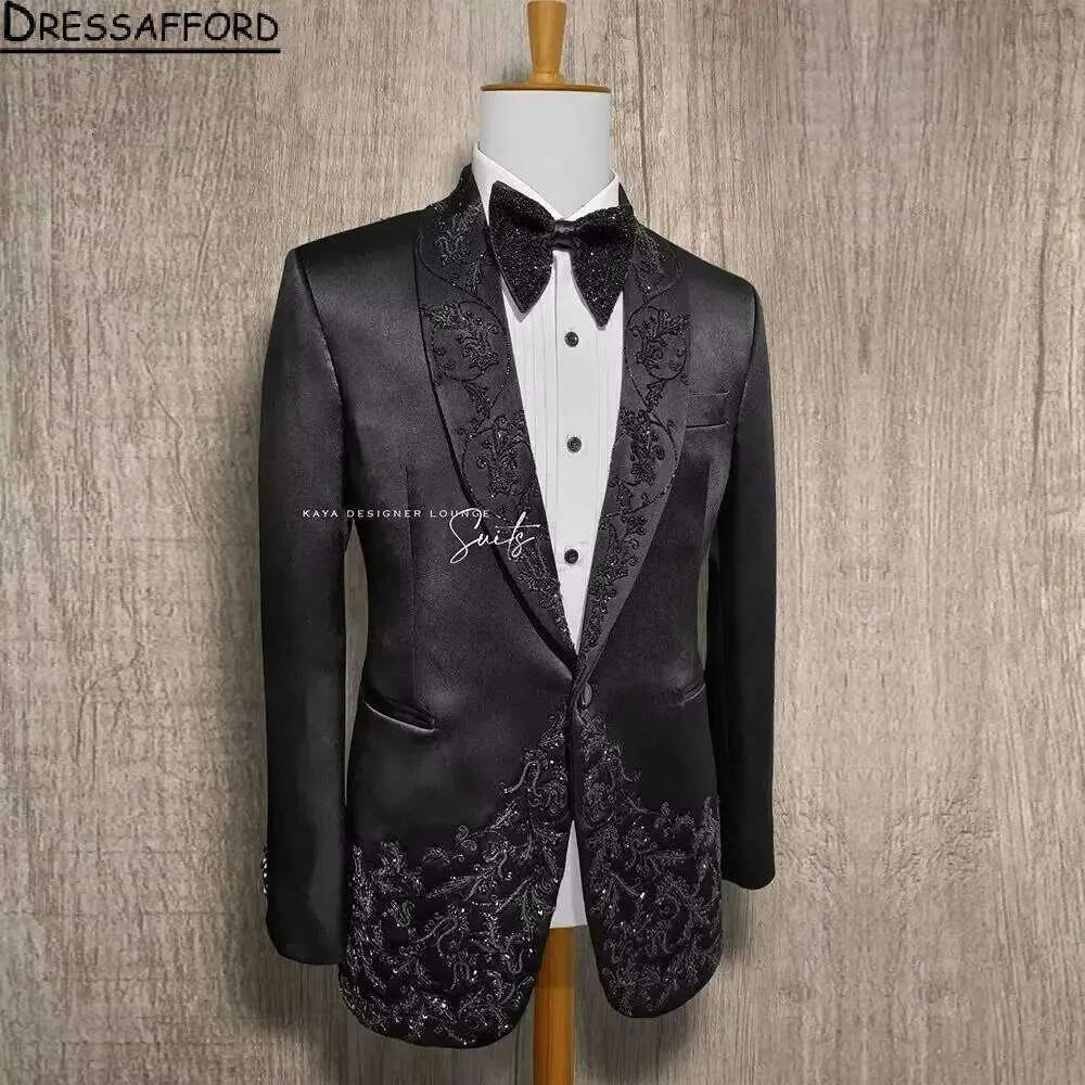 Black Appliques Lace Beading Two Pieces Men Suits Evening Party