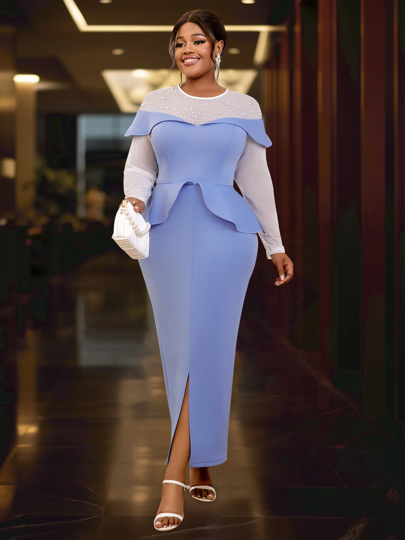 bodycon dress for wedding party Pearl Chain Beaded U-neck Bodycon Bridal After Party Dress main image 1