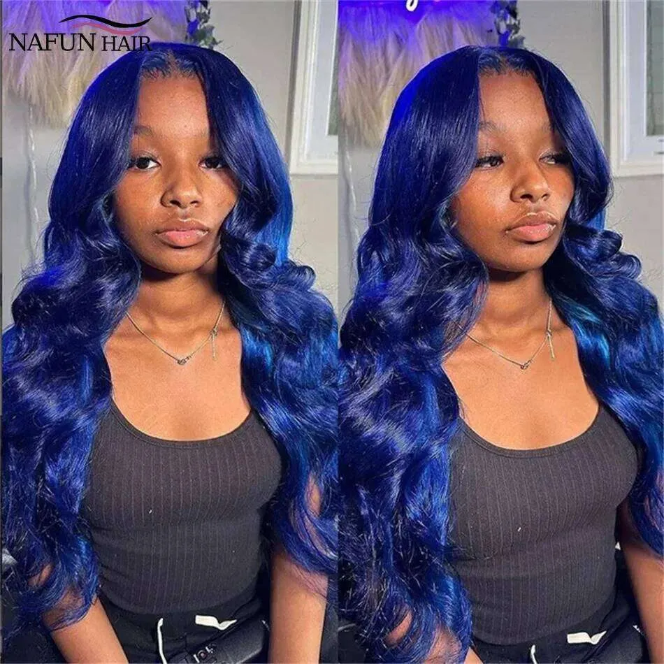 13x4 Dark Front Wig Human Hair Navy Blue Colored Transparent Body