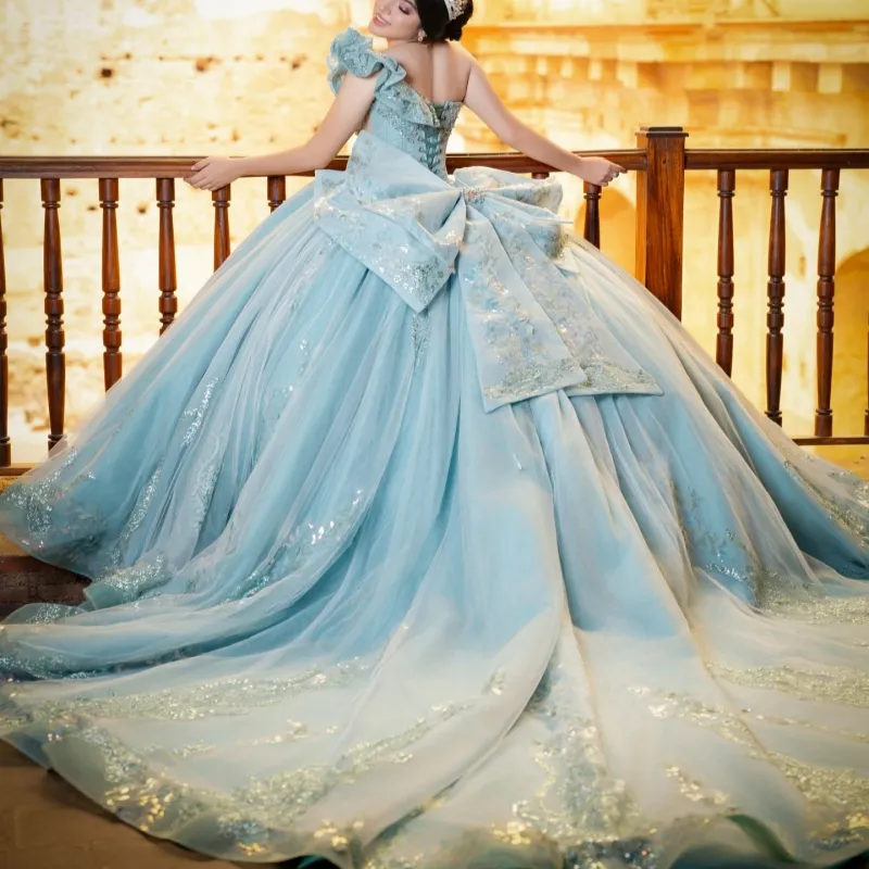 aqua blue party dress Off-Shoulder Aqua Blue Quinceanera Blue wedding dress with Sequin Applique, Lace Beading, and Crystal Tull