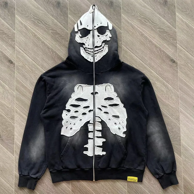 Awful Lot Of Cough Syrupスケルトンパーカー即日発送 Mens Hip Hop Zip Up Cotton Patchwork Sweater, Long Sleeve Up To 50