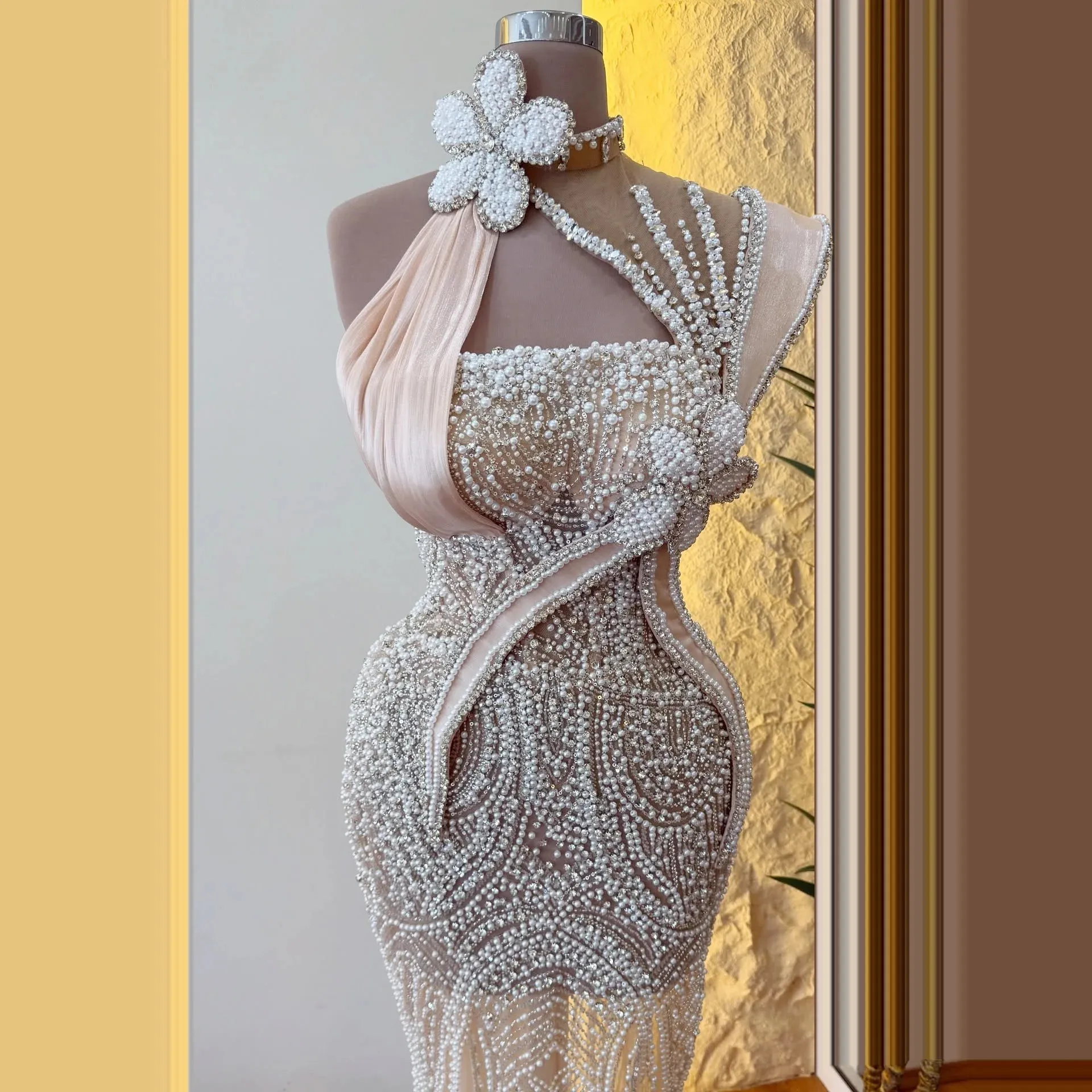 Designer Evening Dresses for Women Pearls Beaded Appliques Gown High Collar Sleeveless Split Side Dress from Dhgate Evening Dresses