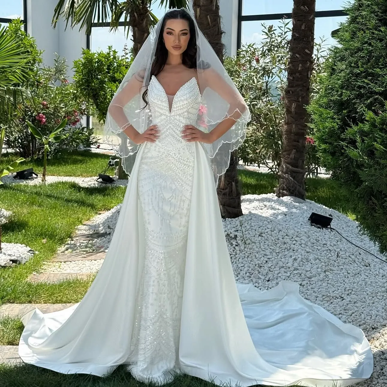mermaid wedding dress with long train and veil Sweetheart Mermaid Tulle Ruffle Wedding Dress