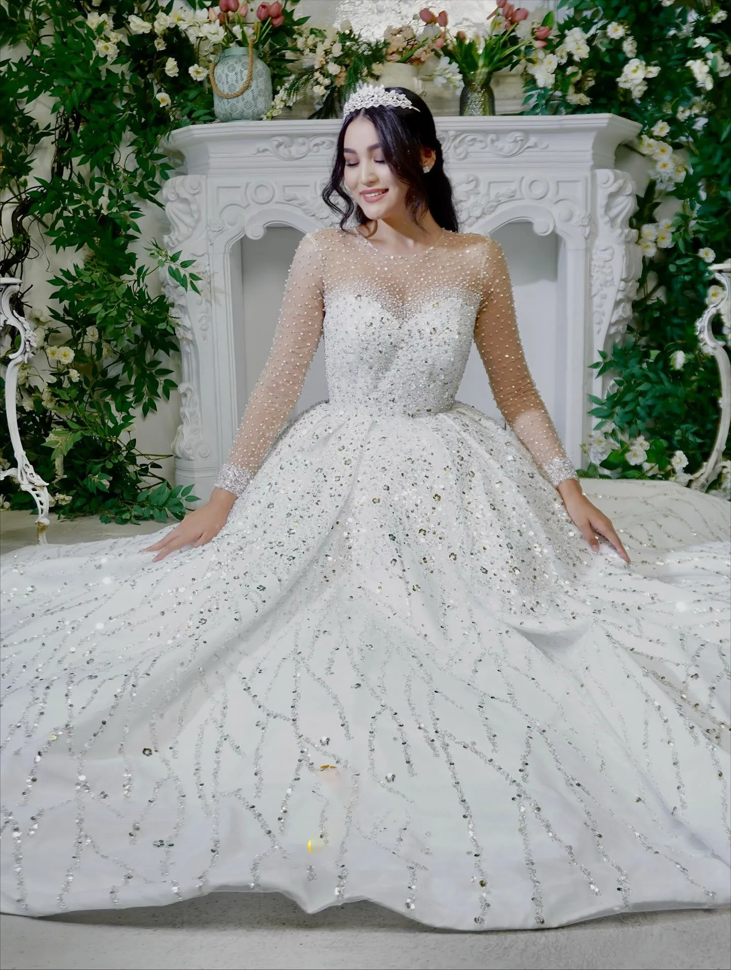 jewel lace a line wedding dress with beading June Bridals A-Line Long Jewel-Neck Illusion-Sleeve Empire Corset-Back Lace Dress With Beading