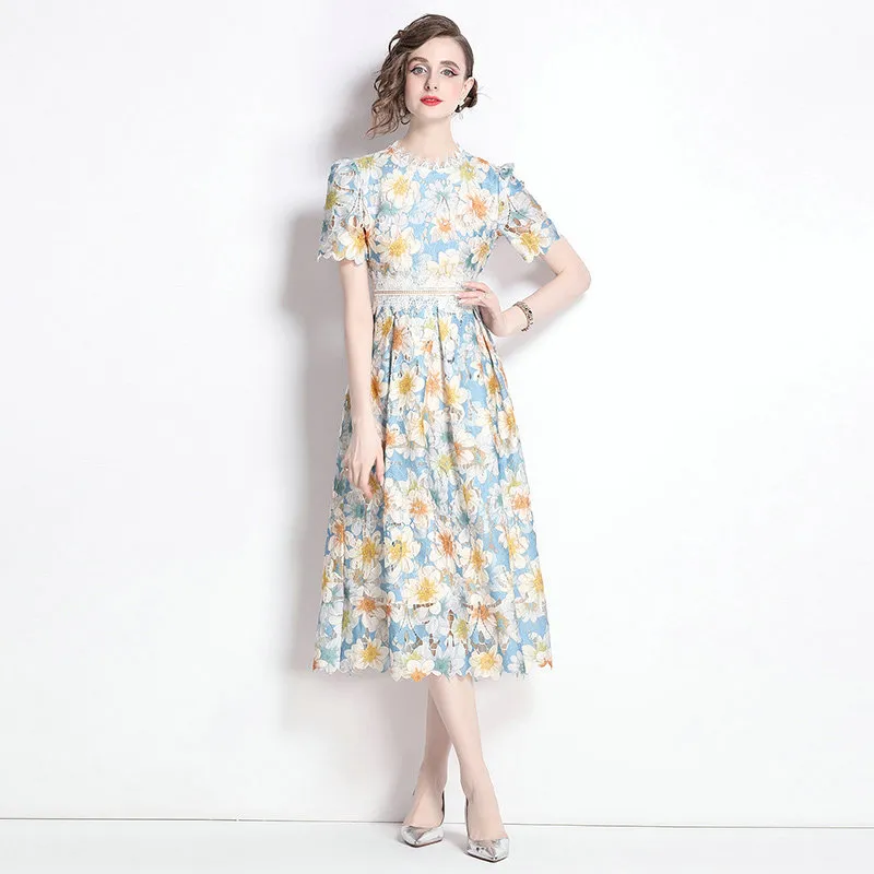 Women Lace Dress Summer Mid-Calf Hollow Out Ruffled Collar A-Line Pinafore  Dress Short Sleeve Natural Waist from Dhgate Runway Dresses - price 30.13