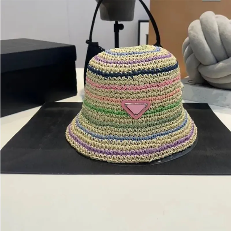 Luxury Designer Straw Bucket Hat Multicolor Beach Sunhat with Pink Visor