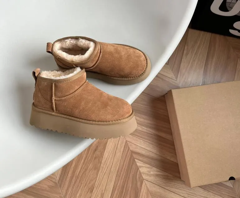 DHgate Womens Chestnut Ankle Fluffy Booties Real Leather Ultra Mini Platform Snow Boots Australia Fur Warm Shoes Antelope Brown Color Uggity Shoes Accessories
